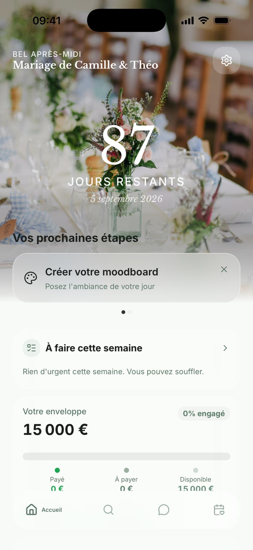 Accueil Wedify, 87 jours restants