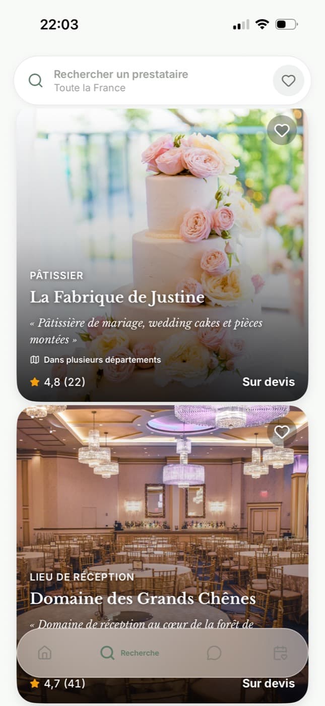 Vitrine d'un prestataire dans la recherche Wedify, vue par les couples
